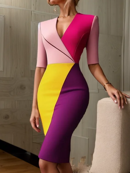 

Urban Color Block Printing Knee Length Dress, As picture, Midi Dresses