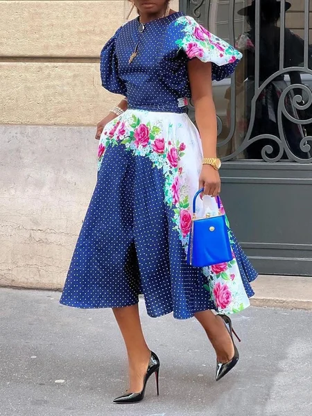 

Elegant Polka Dots Puff Sleeve Printing Crew Neck Knee Length Dress, Blue, Midi Dresses