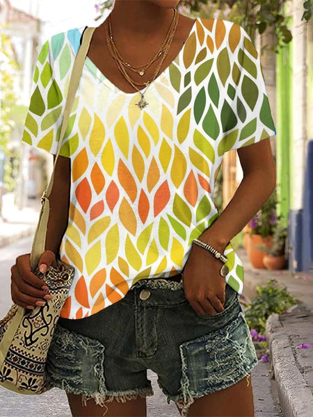 

Casual Floral V Neck Short Sleeve T-shirt, Light yellow, T-shirts