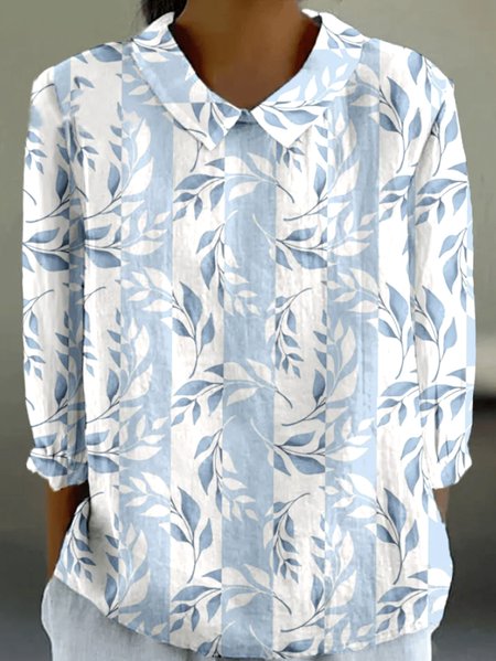 

Shirt Collar Long Sleeve Floral Regular Micro-Elasticity Regular Fit Shirt For Women, White, Shirts