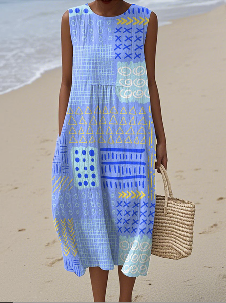 

Women Geometric Crew Neck Sleeveless Comfy Casual Maxi Dress, Light blue, Maxi