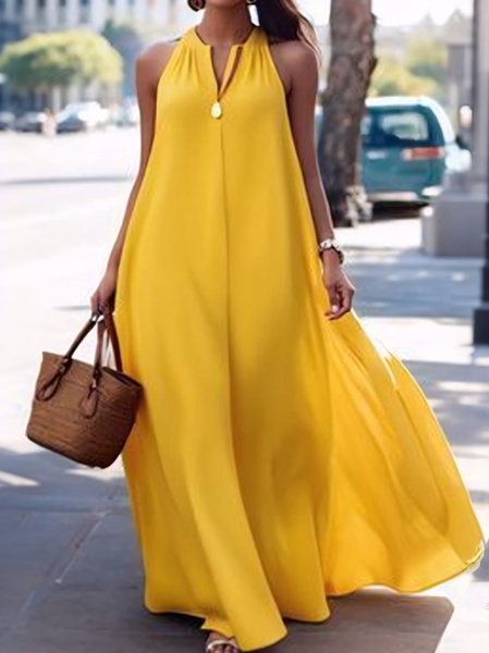 

Vacation Plain Notched Tank Jumpsuit, Yellow, Jumpsuits