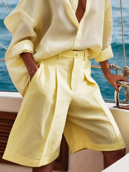 

Cotton And Linen Casual Plain Straight Shorts, Yellow, Shorts