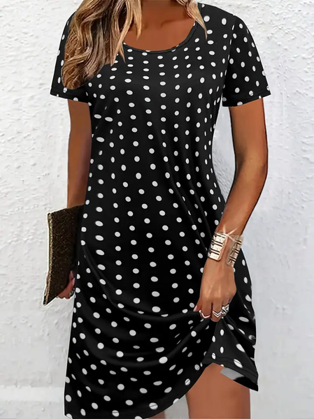 

Women Polka Dots Short Sleeve Summer Printing Dress Crew Neck Daily Casual Mini Tunic H-Line Dress, Black, Casual Dresses