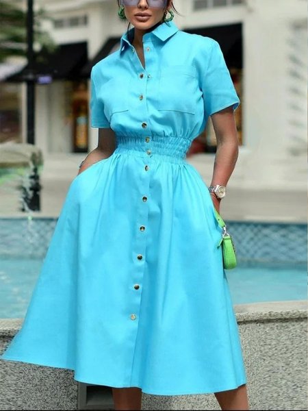 

Urban Plain Buttoned Shawl Collar Midi Dress, Blue, Midi Dresses