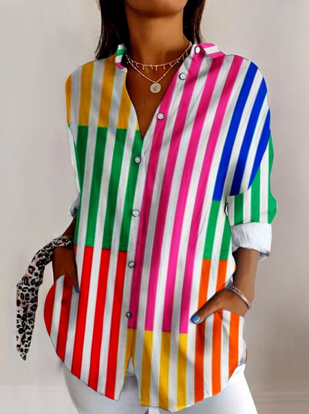 

V Neck Long Sleeve Geometric Regular Micro-Elasticity Regular Fit Shirt For Women, As picture, Shirts