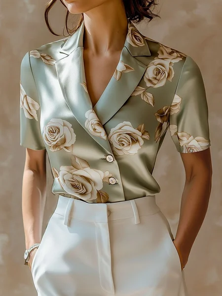 

Urban Floral Printing Lapel Collar Shirt, Green, Blouses and Shirts