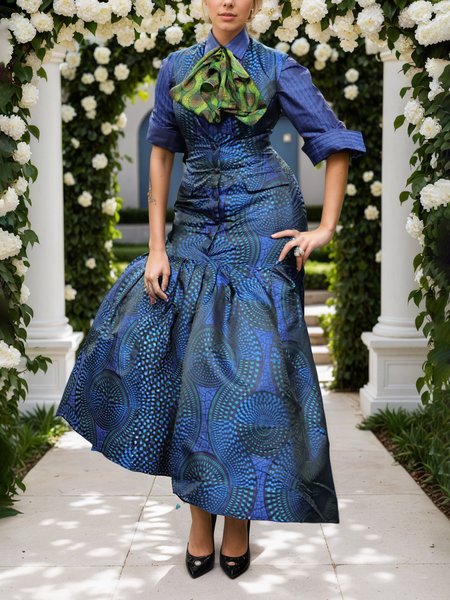 

Elegant Abstract Polka Dots Printing Shirt Collar Maxi Dress With Bow Scarf, Blue, Maxi Dresses