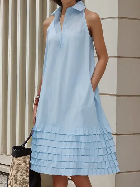 

Casual Plain Gathered Knee Length Dress, Blue, Midi Dresses