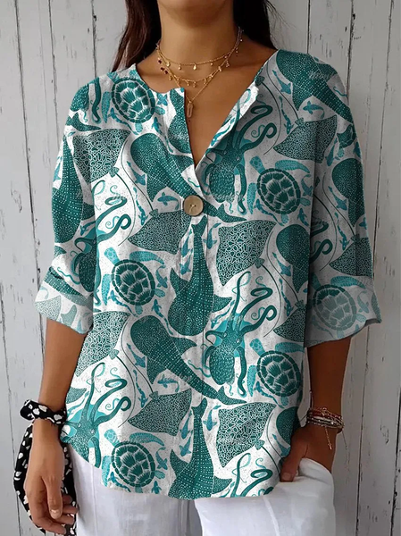 

Shawl Collar Three Quarter Sleeve Marine Life Regular Loose Blouse For Women, As picture, Blouses