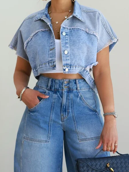 

Casual Raglan Sleeve Distressing Plain Shawl Collar Denim Jacket, Denim blue, Jackets