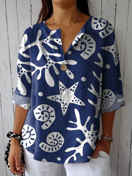 

Shawl Collar Three Quarter Sleeve Geometric Regular Loose Blouse For Women, As picture, Blouses