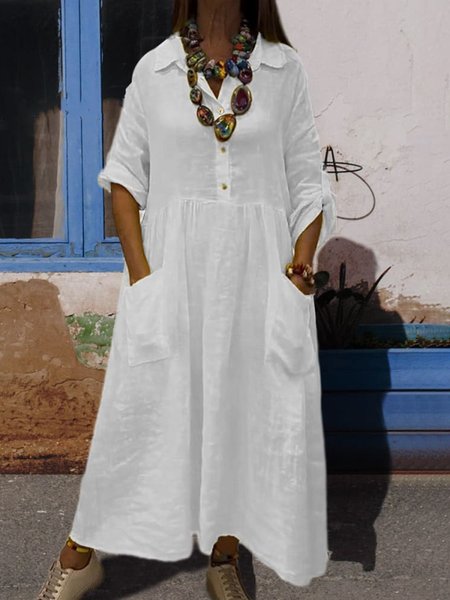 

Casual Plain Shirt Collar Maxi Dress, White, Maxi Dresses