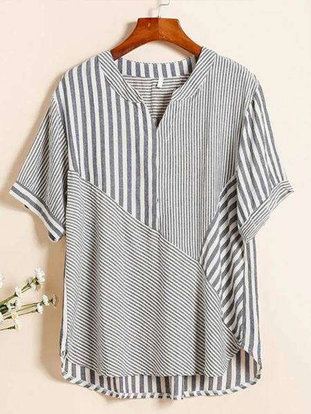 

Shawl Collar Half Sleeve Striped Regular Loose Blouse For Women, Gray, Blouses