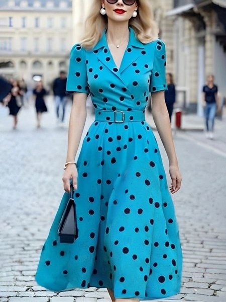 

Urban Polka Dots Puff Sleeve Printing Lapel Collar Midi Dress With Belt, Blue, Midi Dresses