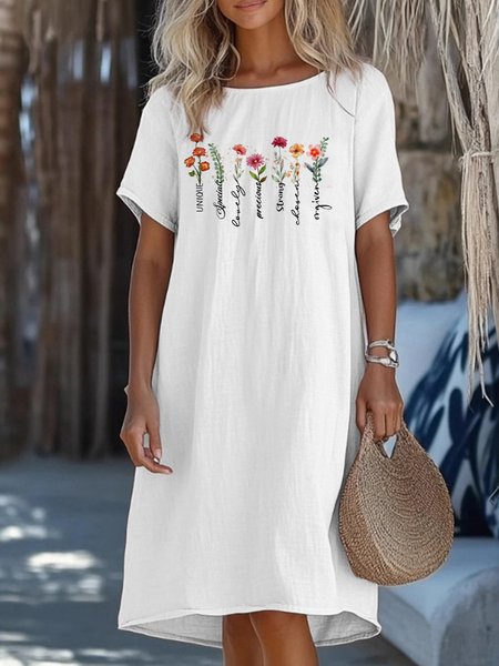 

Women Plain Crew Neck Short Sleeve Comfy Casual Midi Dress, White, Midi