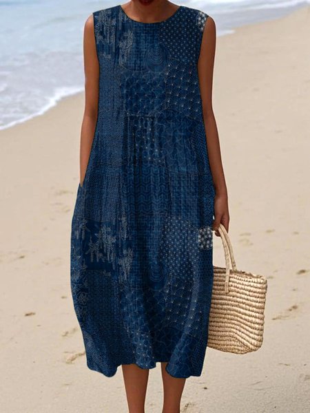 

Women Geometric Crew Neck Sleeveless Comfy Casual Maxi Dress, Navyblue, Maxi