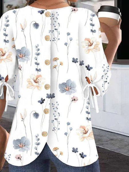 

Crew Neck Balloon Sleeve Half Sleeve Floral Regular Micro-Elasticity Regular Fit Blouse For Women, White, Blouses
