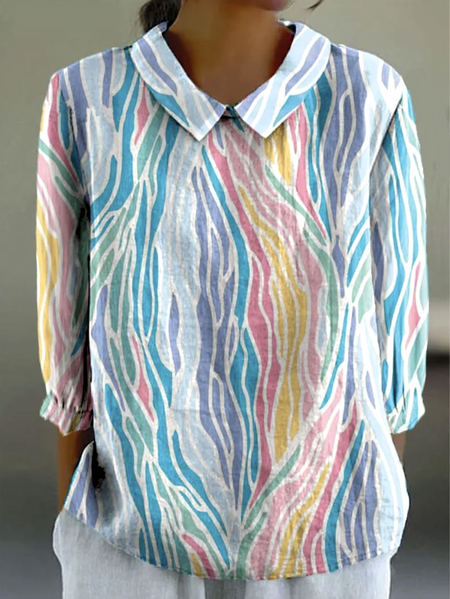 

Shirt Collar Long Sleeve Geometric Regular Micro-Elasticity Regular Fit Shirt For Women, Light blue, Shirts