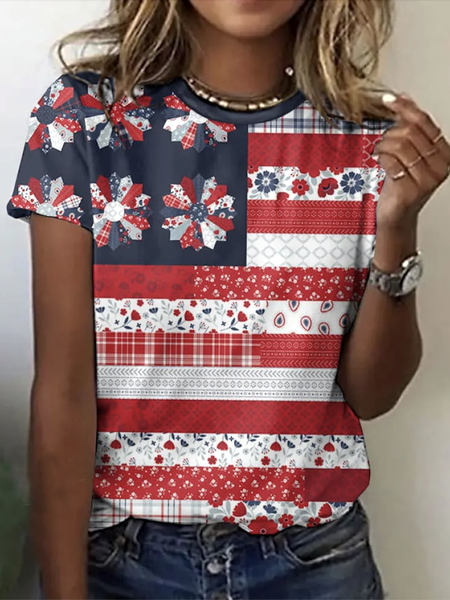 

Casual America Flag Crew Neck Short Sleeve T-shirt, Red, T-shirts