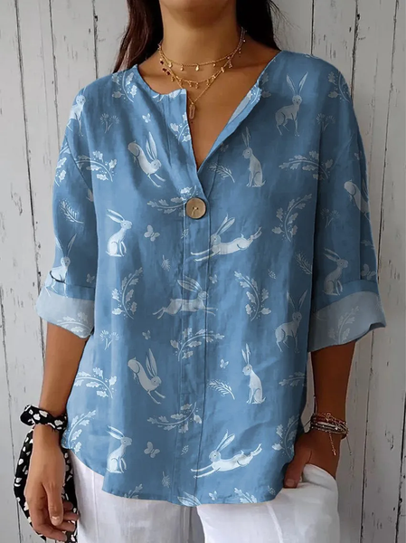 

Shawl Collar Three Quarter Sleeve Plants Regular Loose Blouse For Women, As picture, Blouses