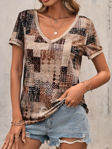 

Women Geometric Short Sleeve Tee T-shirt V Neck Printing Casual Summer Graphic Tee Top, Light brown, T-Shirts