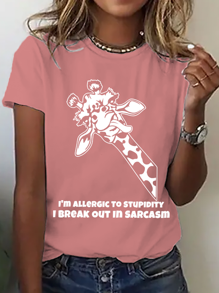 

Casual Animal Crew Neck Short Sleeve T-shirt, Orange pink, T-shirts