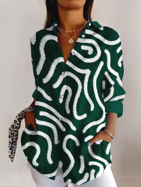 

V Neck Long Sleeve Geometric Regular Micro-Elasticity Regular Fit Shirt For Women, Green, Shirts