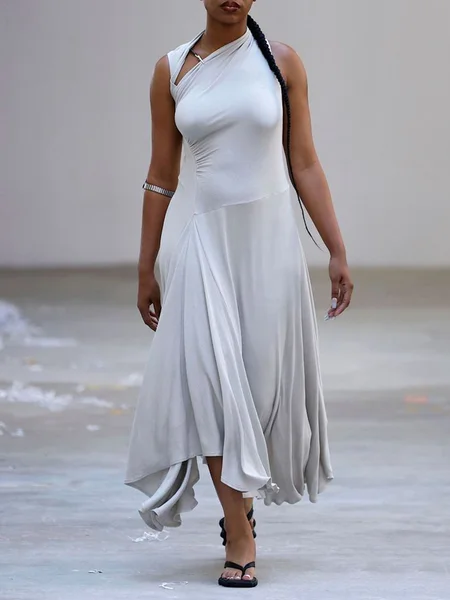 

Urban Plain Irregular Craftsmanship Asymmetrical Maxi Dress, Gray, Midi Dresses