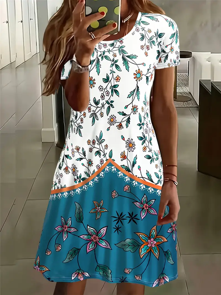 

Women Floral Short Sleeve Summer Printing Dress Crew Neck Daily Casual Mini Tunic H-Line Dress, White-blue, Casual Dresses