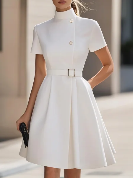 

Urban Plain Stand Collar Knee Length Dress With Belt, White, Mini Dresses