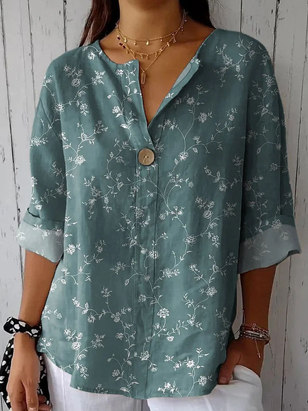 

Shawl Collar Three Quarter Sleeve Floral Regular Loose Blouse For Women, As picture, Blouses