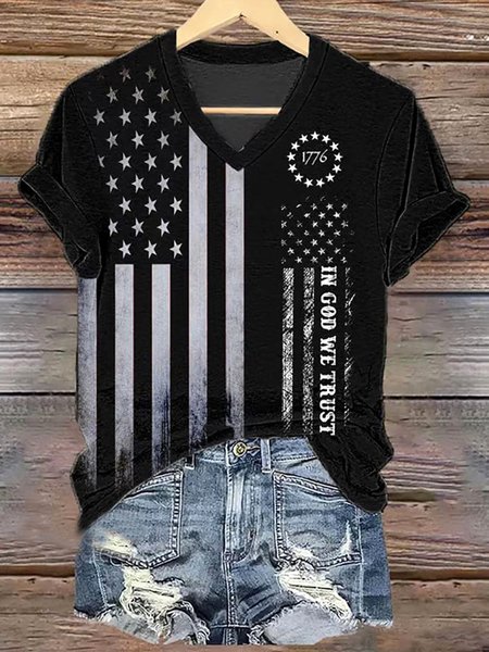 

Casual America Flag V Neck Short Sleeve T-shirt, Black, T-shirts