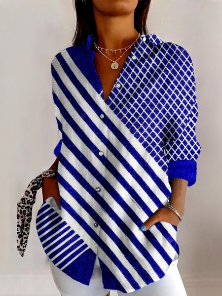 

V Neck Long Sleeve Geometric Regular Micro-Elasticity Regular Fit Shirt For Women, Blue, Shirts