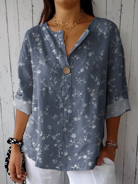 

Shawl Collar Three Quarter Sleeve Floral Regular Loose Blouse For Women, As picture, Blouses