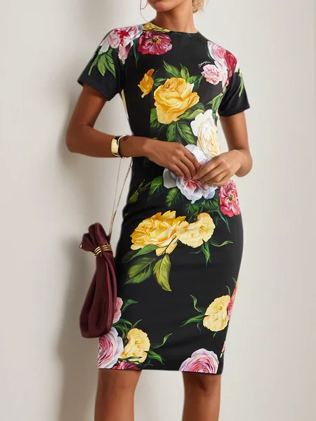 

Casual Floral Printing Crew Neck Knee Length Dress, Black, Midi Dresses
