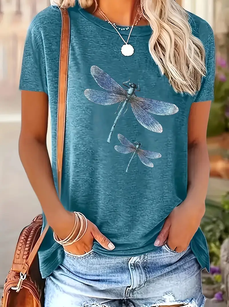 

Women Dragonfly Short Sleeve Tee T-shirt Crew Neck Printing Casual Summer Graphic Tee Top, Blue, T-Shirts
