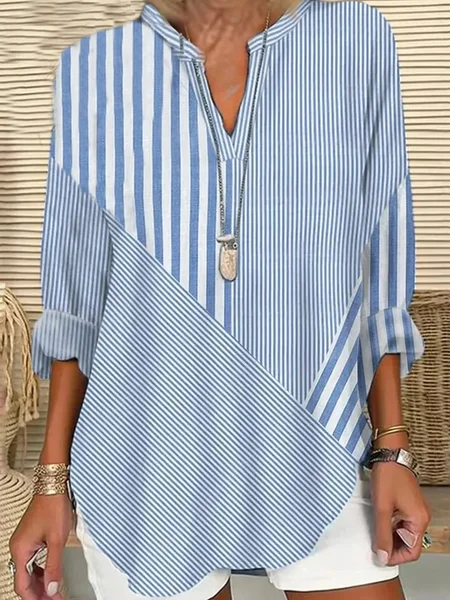 

Shawl Collar Half Sleeve Striped Regular Loose Blouse For Women, As picture, Blouses