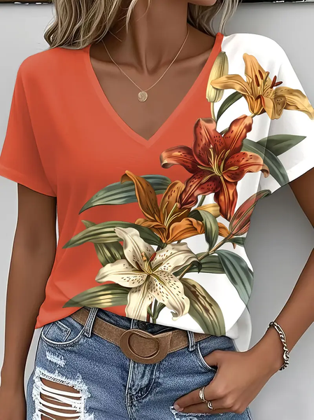 

Women Floral Short Sleeve Tee T-shirt V Neck Printing Casual Summer Graphic Tee Top, Orange, T-Shirts