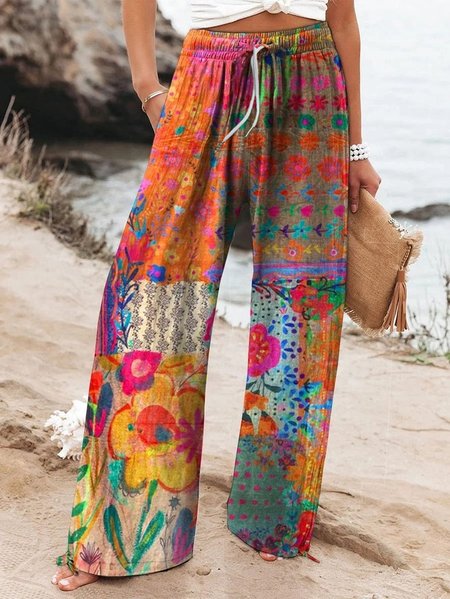 

Women Floral Long Pants Vintage Spring/Fall Trousers, Multicolor, Pants