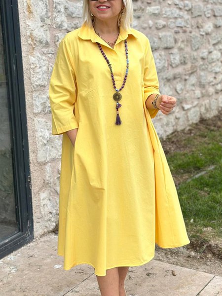 

Casual Plain Shirt Collar Maxi Dress, Yellow, Midi Dresses