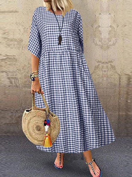

Casual Plaid Crew Neck Maxi Dress, Blue, Maxi Dresses
