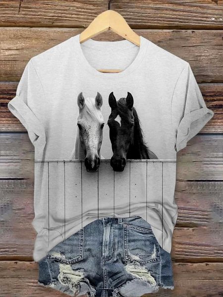 

Casual Animal Crew Neck Short Sleeve T-shirt, Light gray, T-shirts