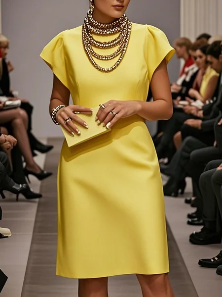 

Urban Plain Crew Neck Knee Length Dress, Yellow, Midi Dresses