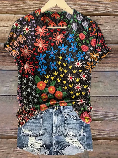 

Women Floral Short Sleeve Tee T-shirt V Neck Printing Casual Summer Graphic Tee Top, Black, T-Shirts