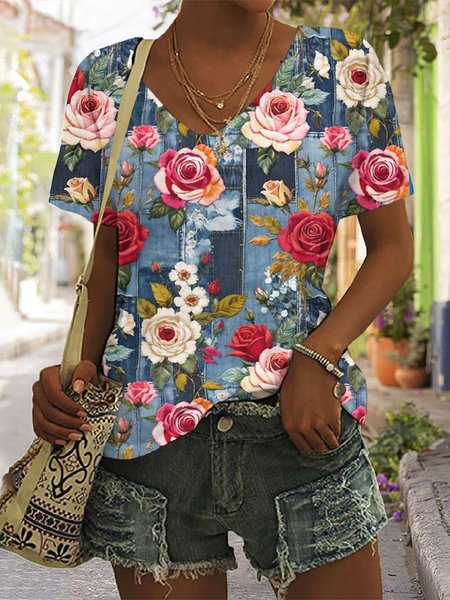 

Casual Floral V Neck Short Sleeve T-shirt, Navyblue, T-shirts