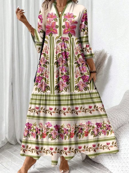 

Women Floral V Neck Long Sleeve Comfy Casual Maxi Dress, Apricot, Maxi