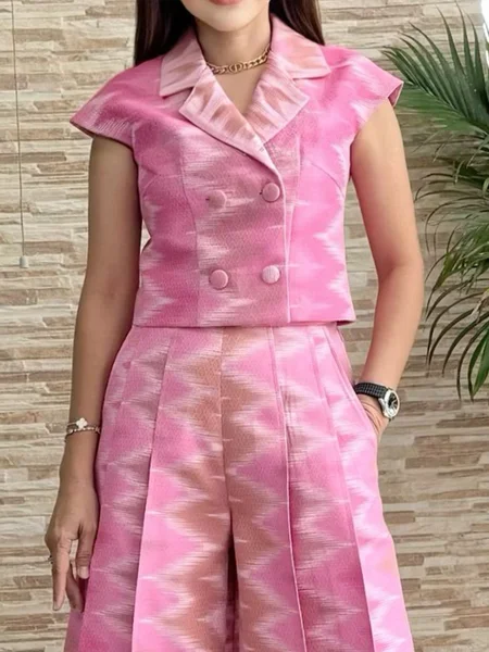 

Elegant Random Print Lapel Collar Vest, Pink, Vests and Gilets