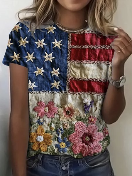 

Casual Floral Crew Neck Short Sleeve T-shirt, Blue, T-shirts