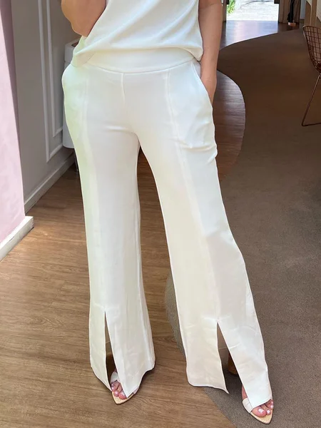 

Urban Plain Slit Wide Leg Pants, White, Pants